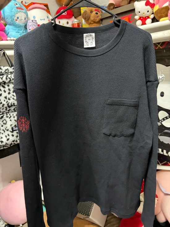 Chrome Hearts Other - Chrome Hearts Black Waffle-Knit Crewneck Sweater with Red Sleeve Motif